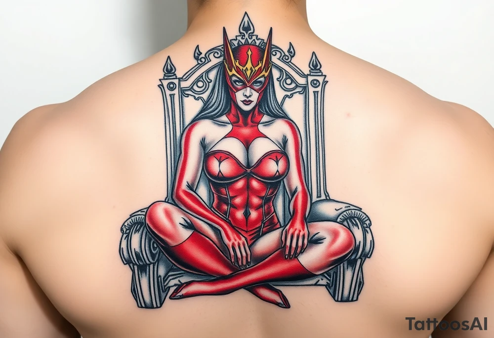 powerful female dominatrix wearing a red latex catsuit wearing a facemask sitting on her throne tattoo idea