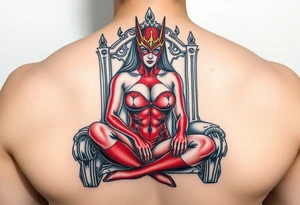 powerful female dominatrix wearing a red latex catsuit wearing a facemask sitting on her throne tattoo idea
