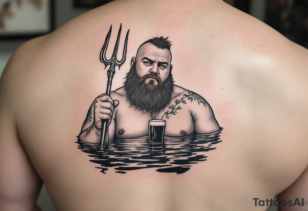 Gay fat guy, with no facial hairs, with trident, half way in calm water, with a beer tattoo idea