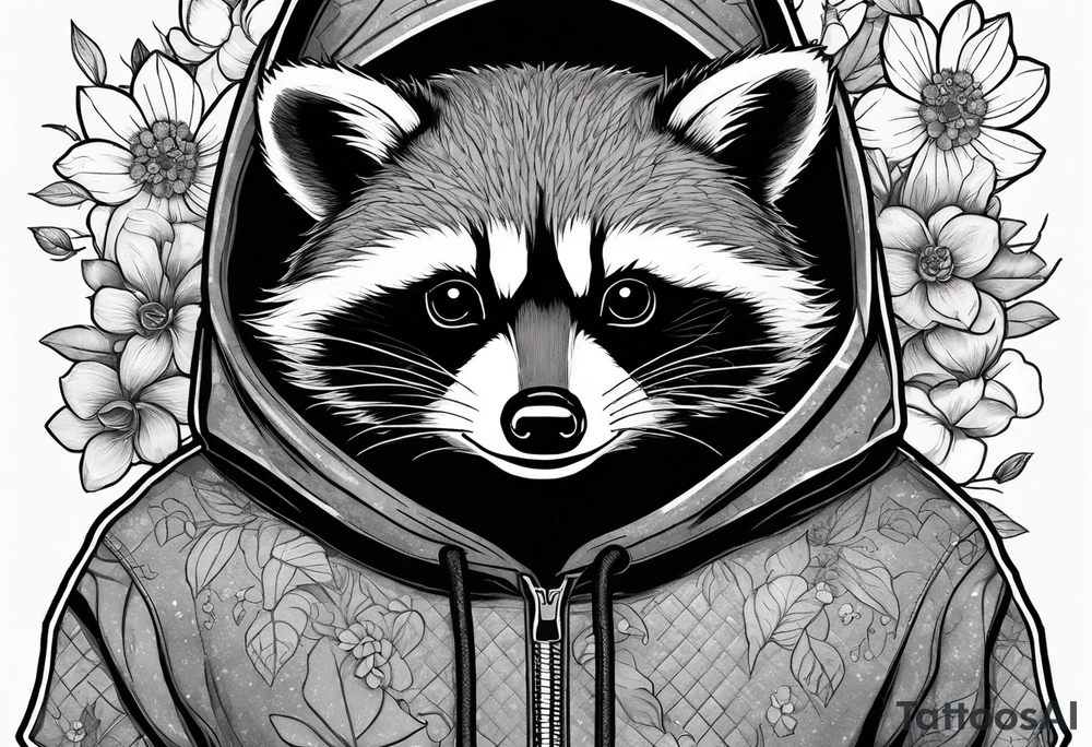raccoon wearing a Superman hoodie with orange flowers tattoo idea