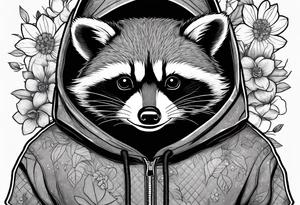 raccoon wearing a Superman hoodie with orange flowers tattoo idea