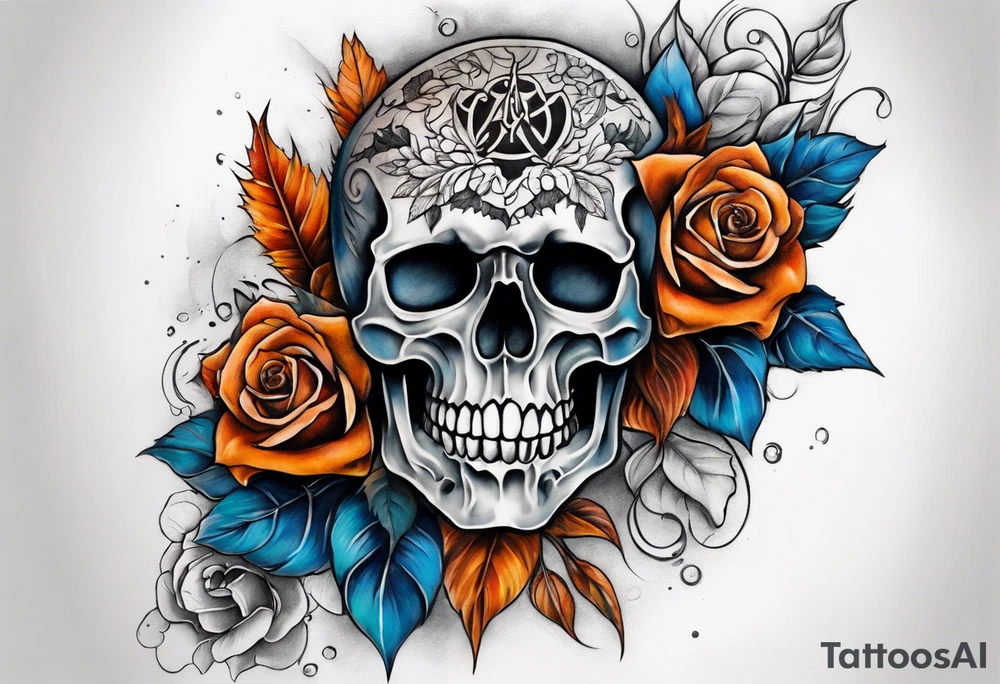 Front knee tattoo with fall colors, small flowers, rose, satanic skull, leaves, blue water flows with washes and background, Powell Peralta logo tattoo idea