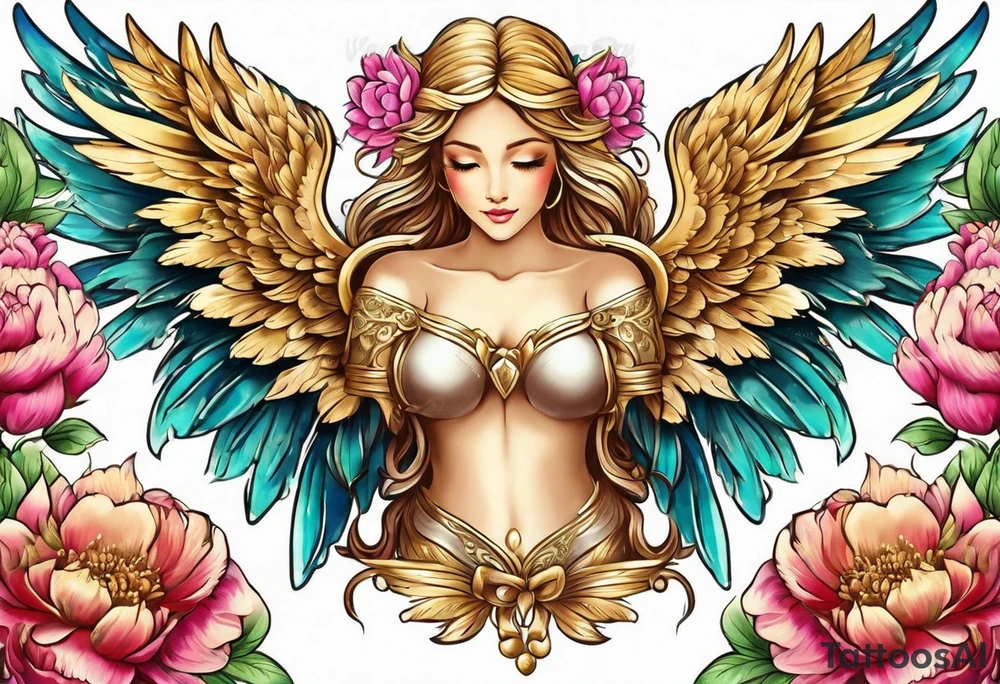 beautiful golden angel wings with colorful peonies. beautiful flilligree in the background , full color tattoo idea
