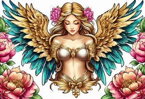 beautiful golden angel wings with colorful peonies. beautiful flilligree in the background , full color tattoo idea