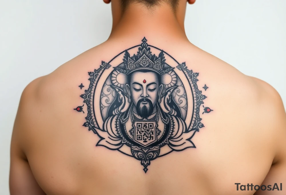 "Tibetan thangka tattoo but deity is a crypto wallet with QR face. Geometric patterns, black/red ink." tattoo idea