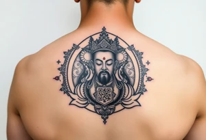 "Tibetan thangka tattoo but deity is a crypto wallet with QR face. Geometric patterns, black/red ink." tattoo idea