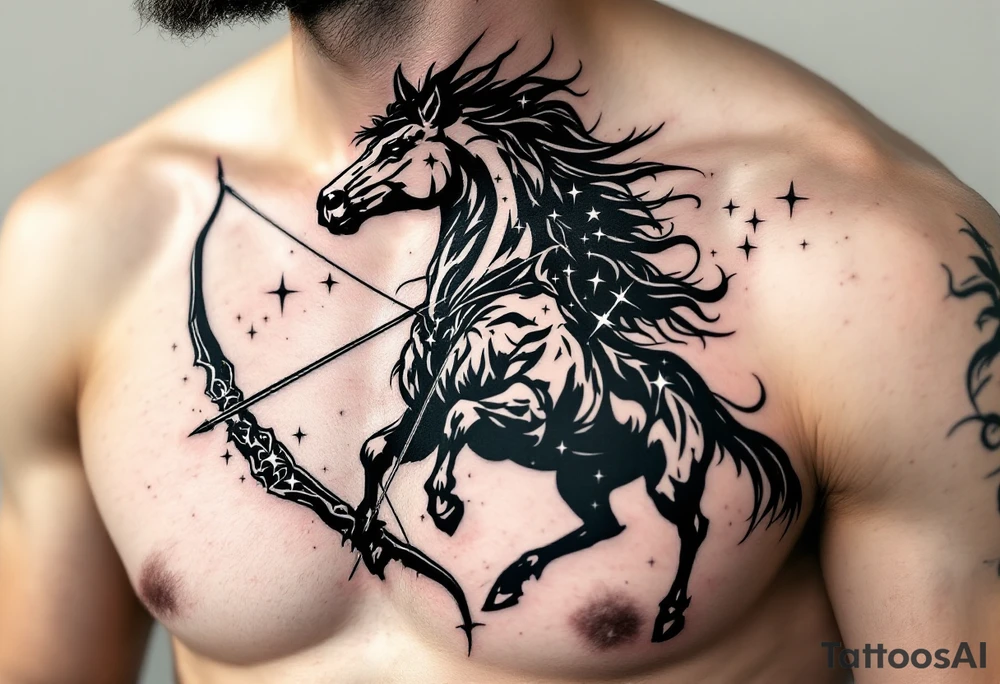 A half-human, half-horse centaur silhouette holding a bow, with the Sagittarius stars constellation in metallic white across the chest. tattoo idea