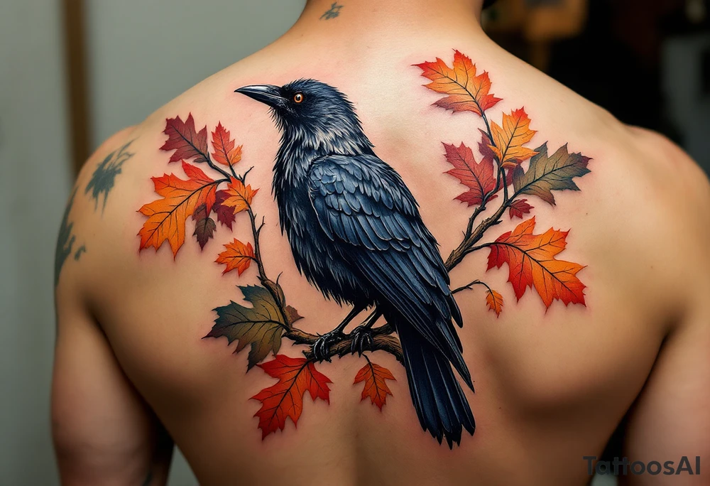 Crow with Oak Leaves – A perched crow surrounded by autumn-colored oak leaves in warm oranges, reds, and muted browns. Naturalistic with earthy tones. tattoo idea