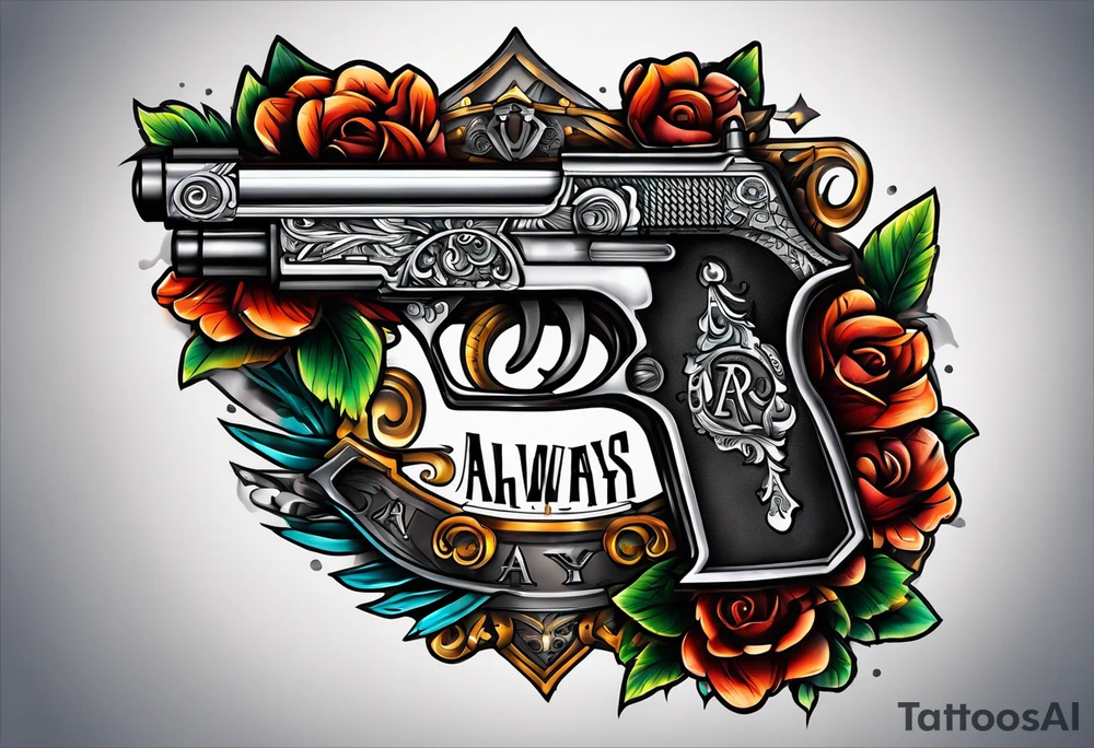 The letters AR with a pistol on each side and the word always on the top and the word ready on the bottom tattoo idea