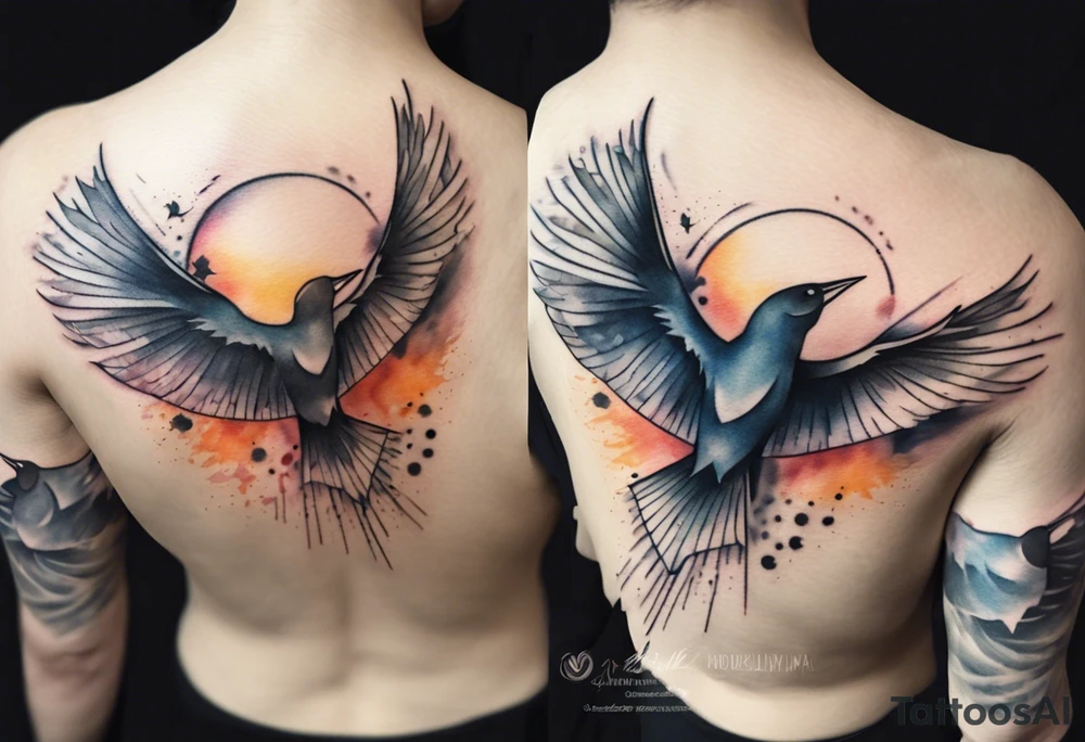 a shoulder round shape tattoo with lots of rays of light in gradient starting from the middle, birds flying free between clouds tattoo idea