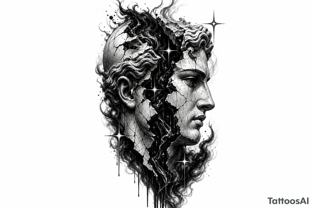 Black and grey tattoo design of a broken marble statue face split down the middle, side view profile, realistic shattered porcelain effect, dark wispy smoke and liquid pouring out of the cracks, Chicano tattoo shading, heavy blackwork background, sharp 4-point sparkle stars, high contrast, clean white background, detailed tattoo stencil style tattoo idea