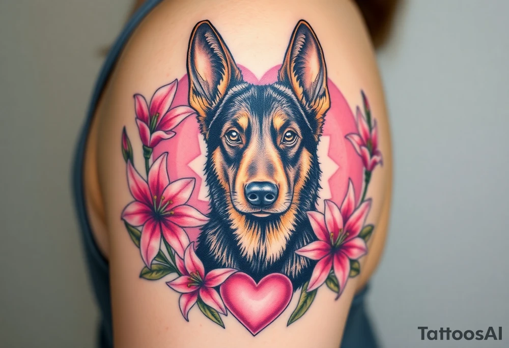 strong looking short haired german shepherd with alert ears surrounded by pink lilies with large leaves in front of a sacred heart tattoo idea