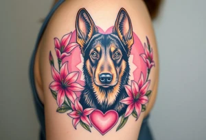 strong looking short haired german shepherd with alert ears surrounded by pink lilies with large leaves in front of a sacred heart tattoo idea