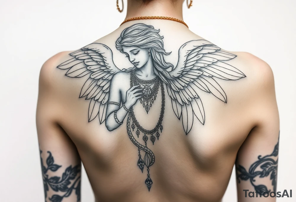 Create a statue of some angel, ruined with a corrupt criminal/thug style, tattoos, jewelry, gold necklaces. I would like this to be placed on the left arm. tattoo idea