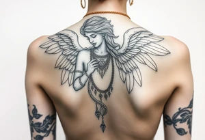 Create a statue of some angel, ruined with a corrupt criminal/thug style, tattoos, jewelry, gold necklaces. I would like this to be placed on the left arm. tattoo idea