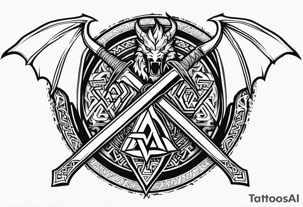 Valhalla sword shield dragon axe Valknut tattoo idea
