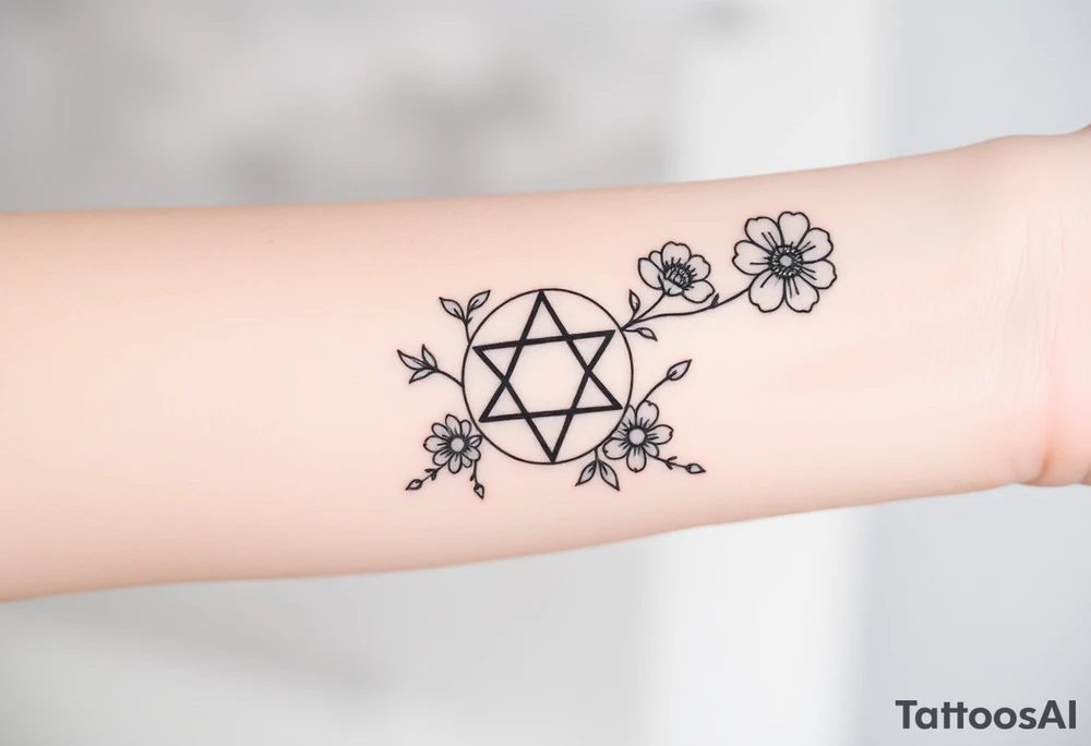 Large fine line florals that cover up an enneagram symbol tattoo idea