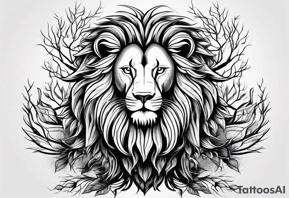 Tree with roots turns into lion head tattoo idea