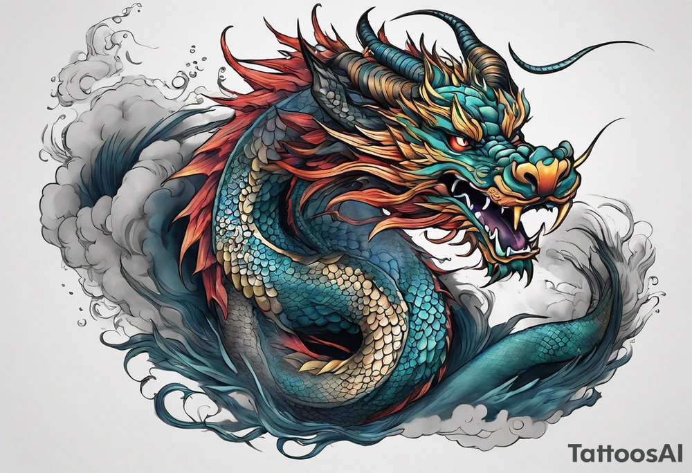 An epic floating asian dragon. Its long body coiling dynamically, with scales and horns detailed to create a sense of movement and strength. The dragon's giving a vibrant depth and a mystical aura. This tattoo highlights the dragon’s fierce expression and sharp claws. tattoo idea