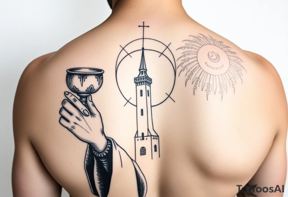 Saint Barbara tattoo holding chalice with tower in background  artillery tattoo idea