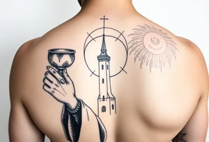 Saint Barbara tattoo holding chalice with tower in background  artillery tattoo idea