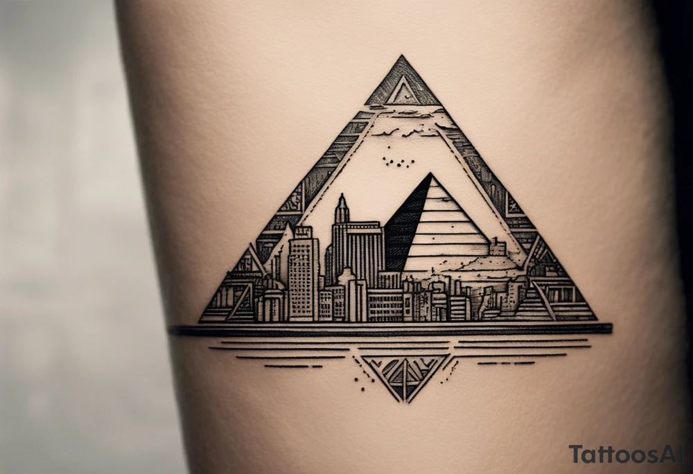 Craft a captivating tattoo where the Hudson River gracefully converges with the Nile River, forming a symbolic union of your Egyptian roots and New York life. Imagine the Three Pyramids of Giza standing proudly, seamlessly transitioning into the iconic Manhattan skyline. .

This tattoo concept weaves together the ancient and the contemporary, illustrating a harmonious connection between two significant parts of your identity – your Egyptian origins and your life in the bustling city of New York." tattoo idea