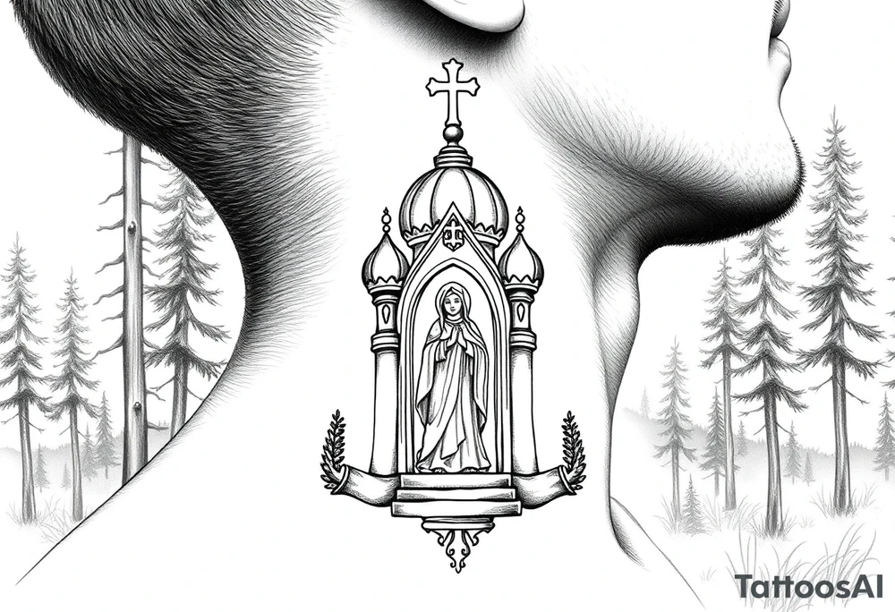 russian coat arms traditional christian orthodox cross with a virgin mary stood in the entrance of a russian orthodox dome church on the side of the neck in a wilderness setting tattoo idea