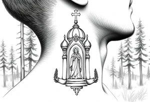 russian coat arms traditional christian orthodox cross with a virgin mary stood in the entrance of a russian orthodox dome church on the side of the neck in a wilderness setting tattoo idea