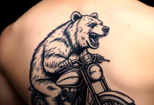 large smiling brown bear riding a motorcycle in side profile tattoo idea