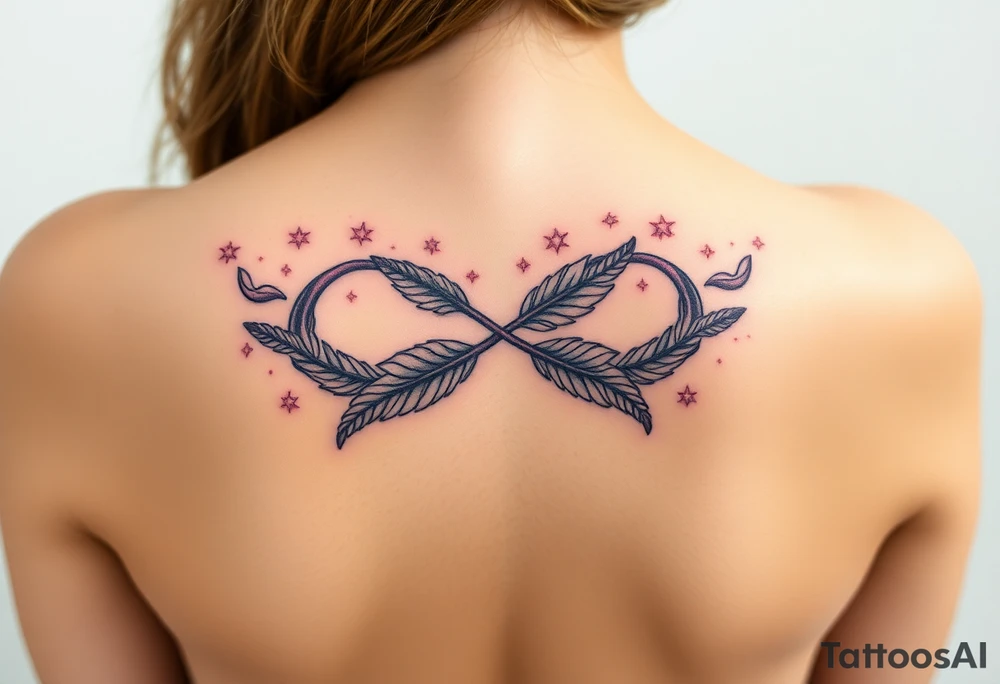 infinity symbol woven with floating feathers and stardust tattoo idea