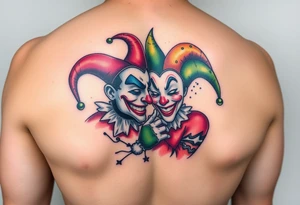 a toxic jester couple holding each other with cheeks being pulled to force smile tattoo idea