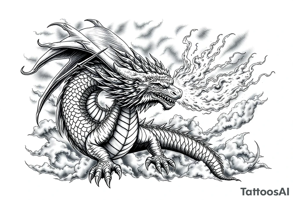fierce dragon breathing iridescent fire against stormy skies tattoo idea