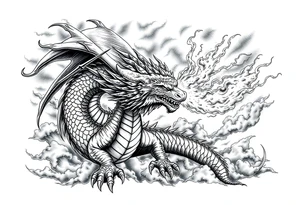 fierce dragon breathing iridescent fire against stormy skies tattoo idea