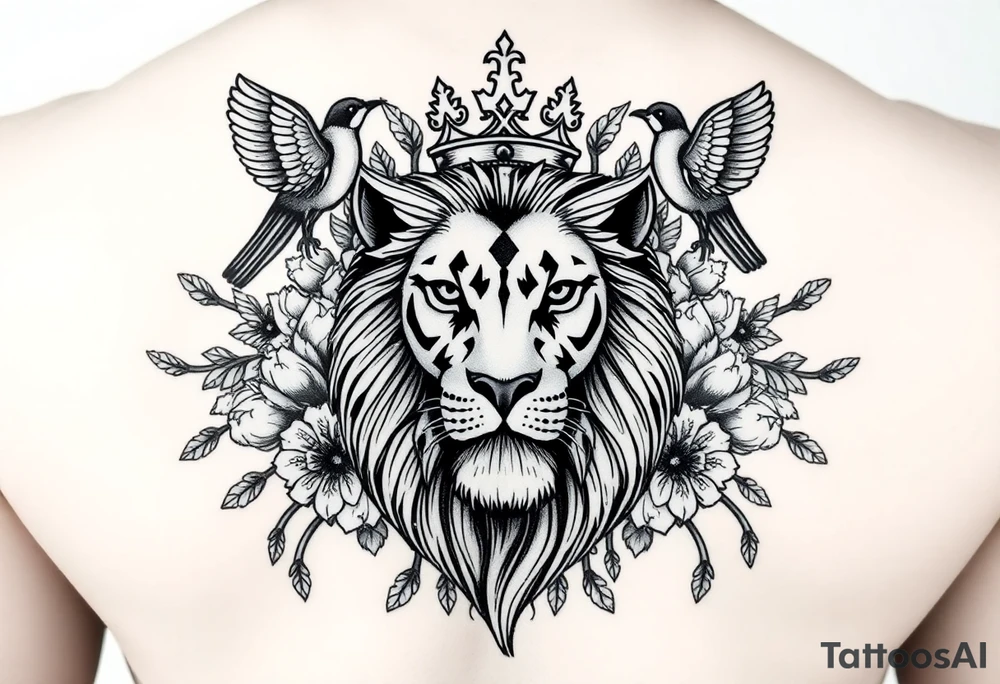 powerful majestic lion with a crown, surrounded by floral ornaments and birds tattoo idea