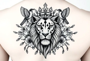 powerful majestic lion with a crown, surrounded by floral ornaments and birds tattoo idea