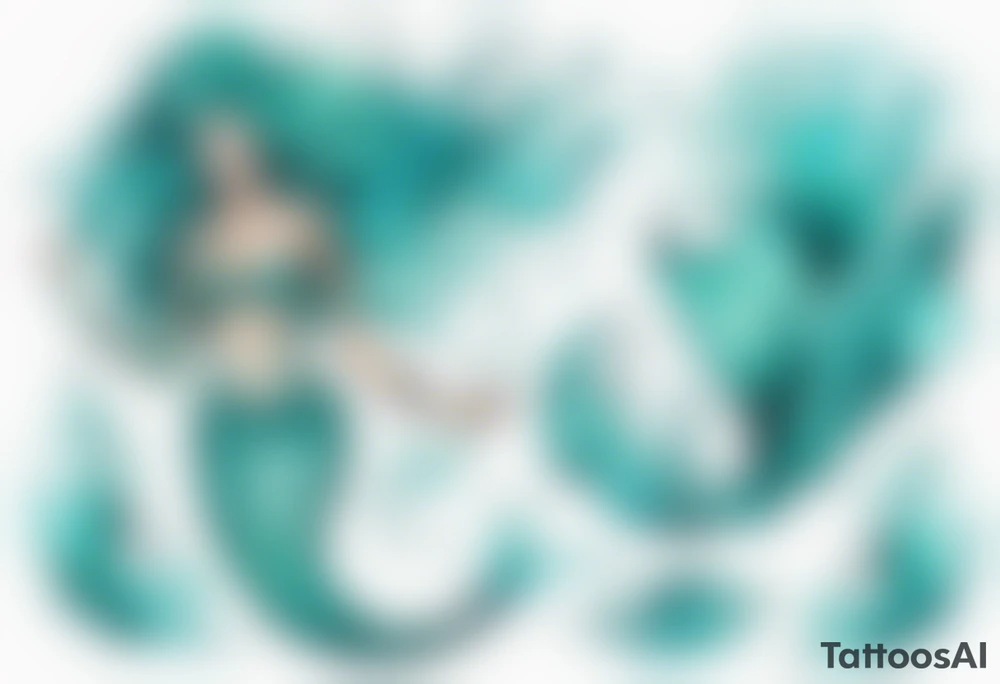 a turquoise mermaid swimming in the sea surrounded by crashing waves tattoo idea
