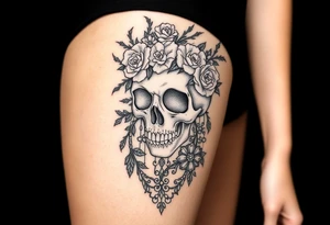 ornate skull adorned with crown of wild roses and thorns overlaid lace curtain design tattoo idea