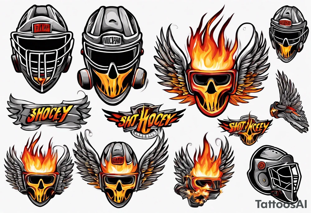 hockey puck with flaming wings and a goalie mask that says "SHOT HOCKEY" tattoo idea