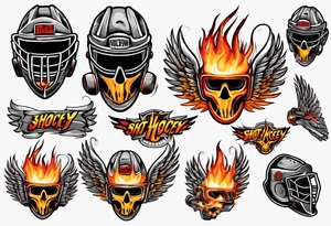 hockey puck with flaming wings and a goalie mask that says "SHOT HOCKEY" tattoo idea
