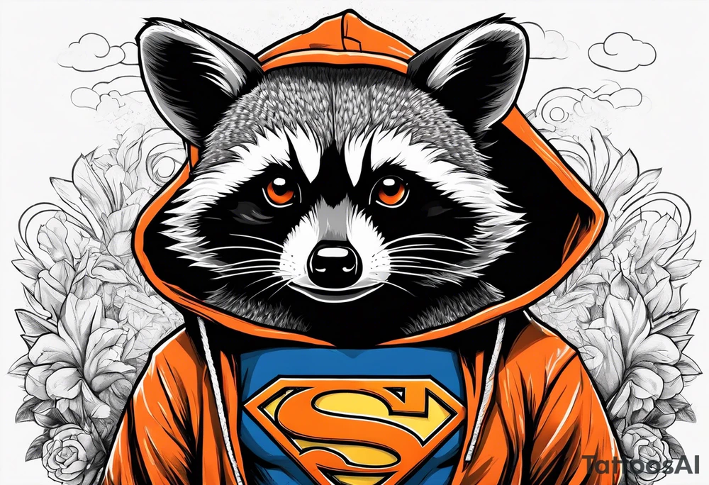 Raccoon wearing an orange Superman hoodie tattoo idea
