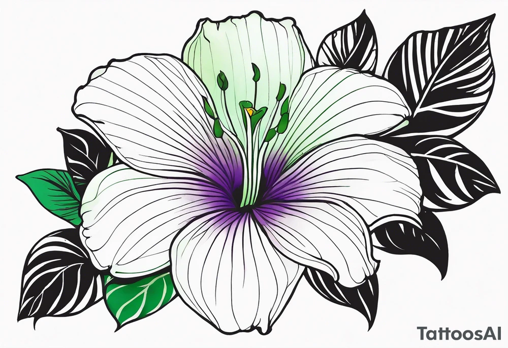 An outline of a rio dipladenia flower with a green and purple watercolor mix in the background tattoo idea