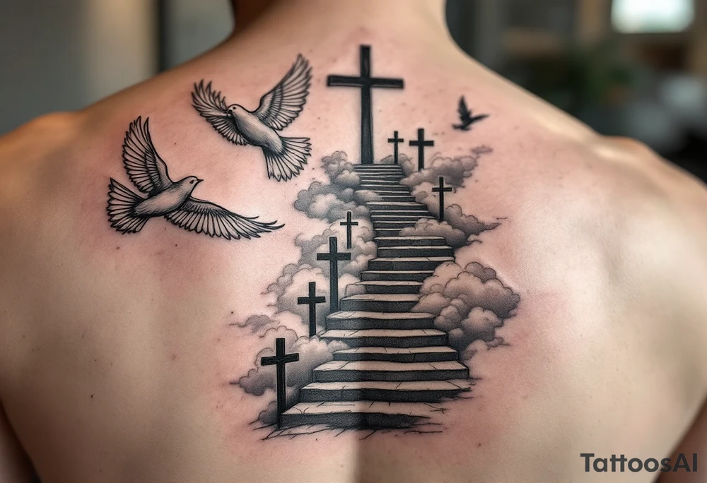 I want a tattoo on my lower arm, I want doves and three crosses at the bottom and I want stairs and clouds with a bible scripture tattoo idea