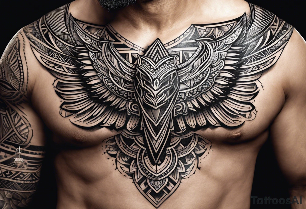 Igbo pattern tribal tattoo from left pec to left deltoid with sharp wing on collarbone tattoo idea