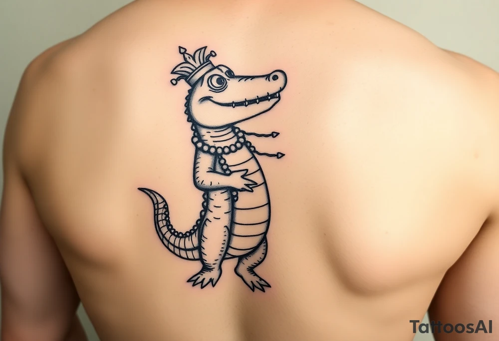 cartoon Mardi gras alligator standing up and dancing wearing beads tattoo idea