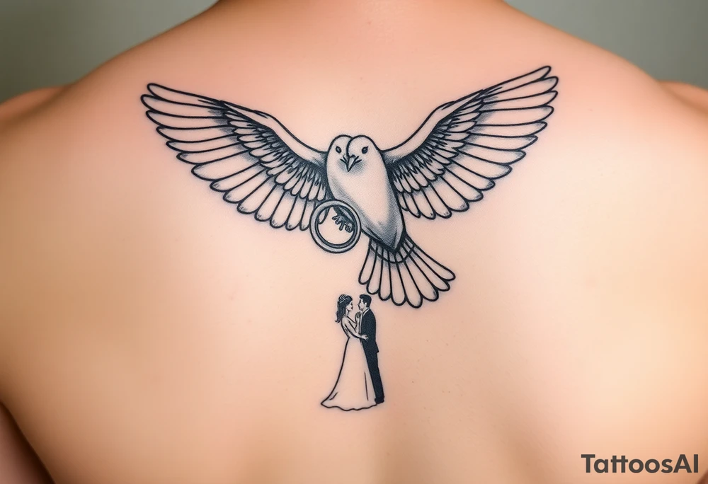 Dove holding two wedding rings and flying towards bride and groom tattoo idea