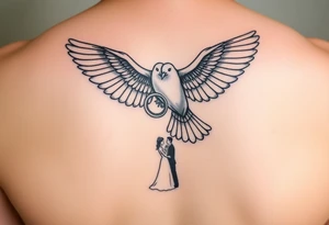 Dove holding two wedding rings and flying towards bride and groom tattoo idea