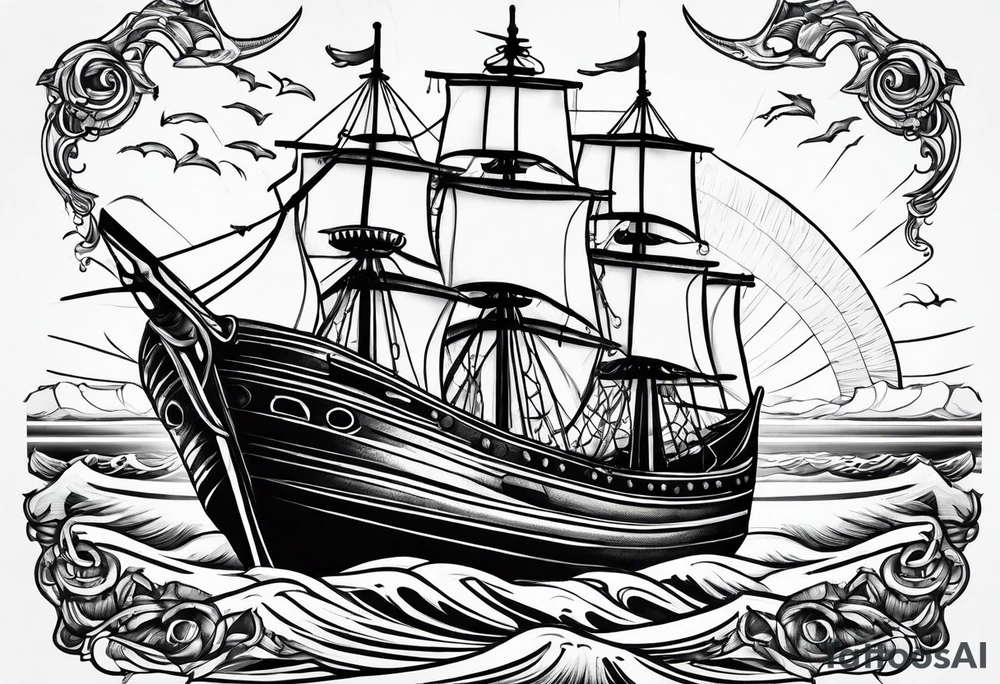 beach and boat tattoo idea