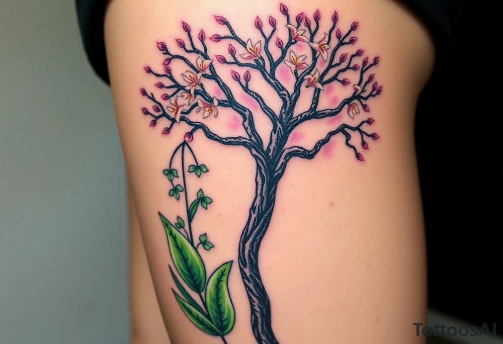 Lilly of the vally plants underneath a blooming hawthorn tree tattoo idea