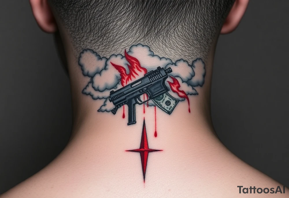 deepfull description of details with clouds,fire guns, money,angels and red tattoo idea