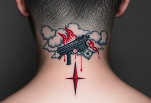 deepfull description of details with clouds,fire guns, money,angels and red tattoo idea